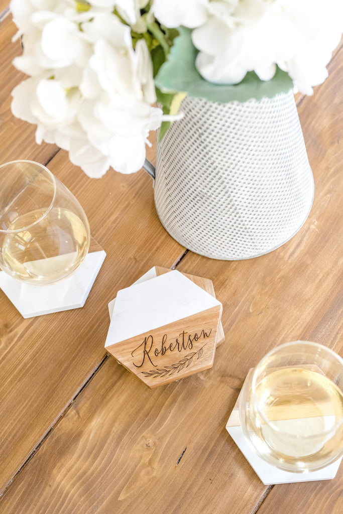 Custom Engraved White Marble and Wood Coasters | New Home Gift | Newlywed Gift | Realtor Gift for New Homeowners | Personalized Gift