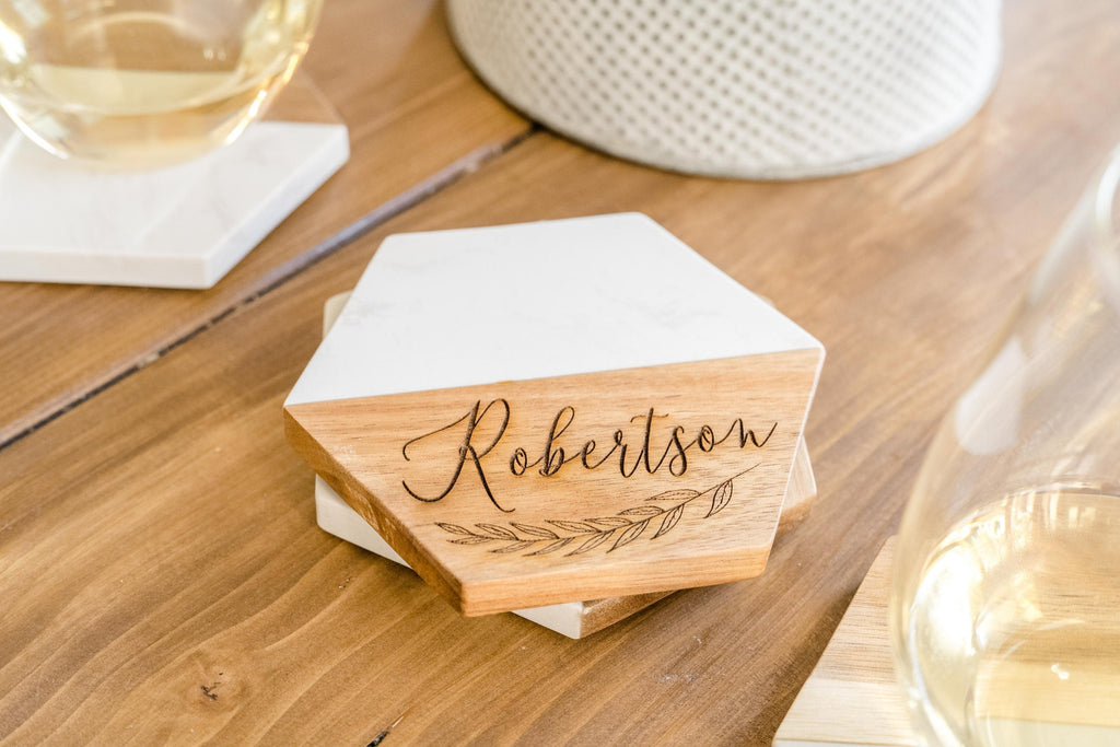 Custom Engraved White Marble and Wood Coasters | New Home Gift | Newlywed Gift | Realtor Gift for New Homeowners | Personalized Gift