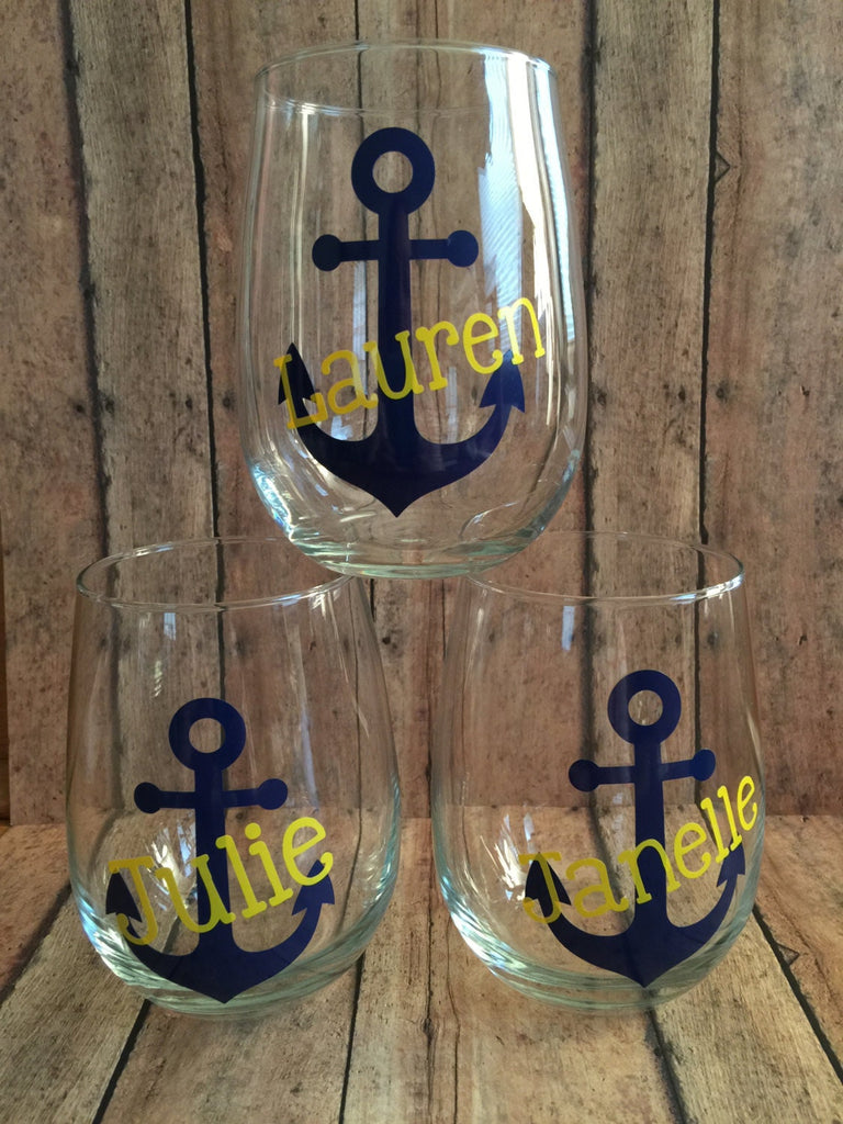 Nautical Anchor Custom Wine Glasses - Personalized Stemless Glass | Nautical Wedding | Boat Life Gift | Family Vacation | Bachelorette