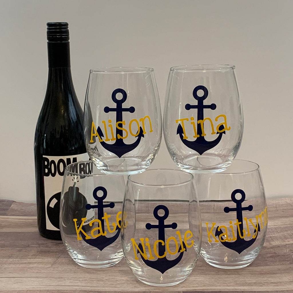 Nautical Anchor Custom Wine Glasses - Personalized Stemless Glass | Nautical Wedding | Boat Life Gift | Family Vacation | Bachelorette