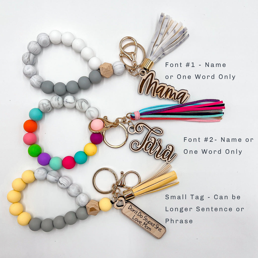 Custom Silicone Bead Stretchy Keychain Bangle with Tassel and Personalized Charm | Bracelet Keychain Wristlet | Rainbow Keychain Colorful