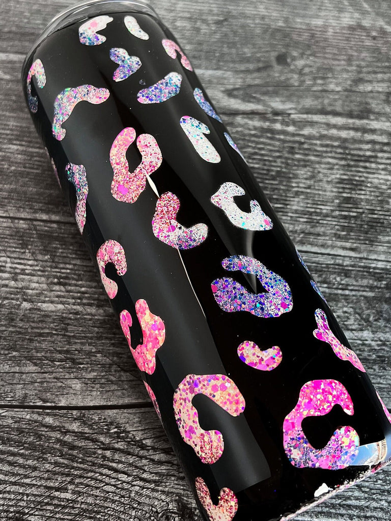 Mama Leopard Glitter Tumbler | Pink Purple Leopard Peakaboo Glitter Tumbler | Rocker Mama Black Tumbler | Skinny Tumbler for Mom