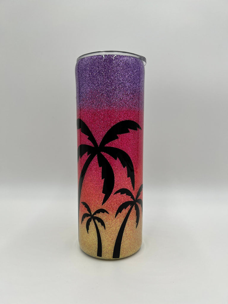 Sunset Palm Tree Beach Theme Glitter Tumbler - Vacation Tumbler | Beach Vibes | Summer Tumbler | Beach Life Summer Vacation