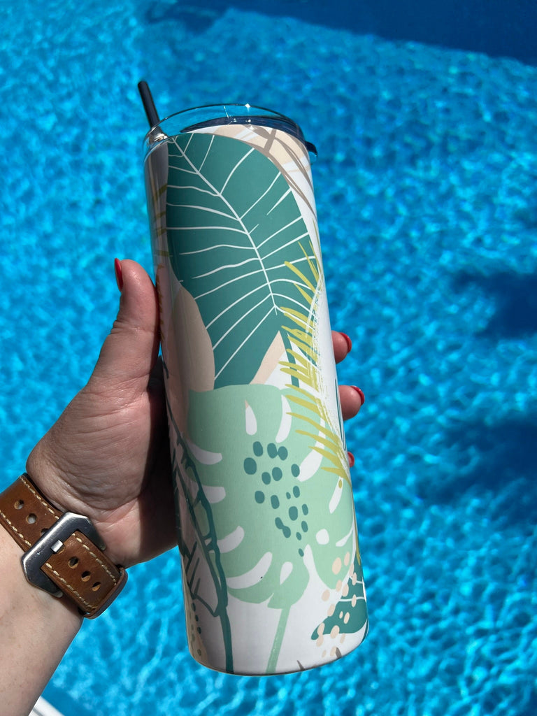 Living My Best Life Summer Tumbler | Tropical Leaf Summer Vacation Tumbler | Beach Life Pattern Tumbler Personalized