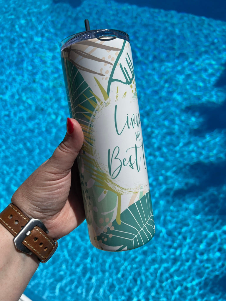 Living My Best Life Summer Tumbler | Tropical Leaf Summer Vacation Tumbler | Beach Life Pattern Tumbler Personalized