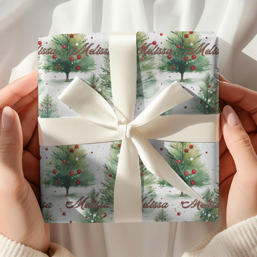 Watercolor Christmas Personalized Wrapping Paper | Christmas Tree Custom Wrapping Paper | Christmas Wrapping Paper with Name Printed