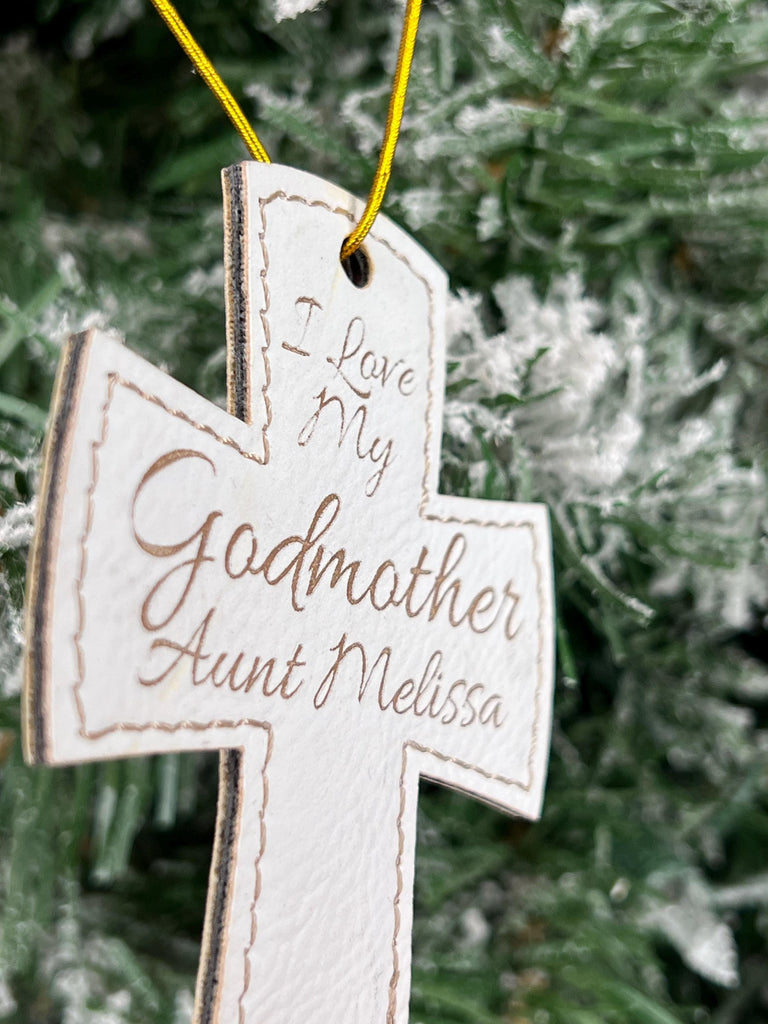 Godmother Godfather Christmas Ornament | Baptism Ornament | Engraved Leather Cross Ornament for Baby Godparents Religious Cross Christmas