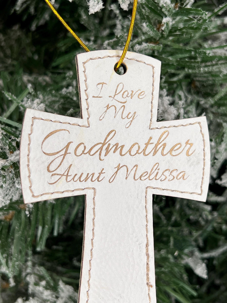 Godmother Godfather Christmas Ornament | Baptism Ornament | Engraved Leather Cross Ornament for Baby Godparents Religious Cross Christmas