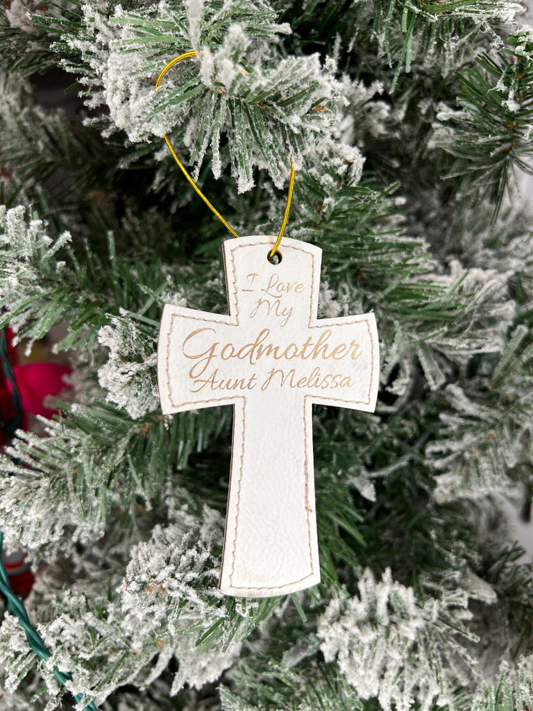 Godmother Godfather Christmas Ornament | Baptism Ornament | Engraved Leather Cross Ornament for Baby Godparents Religious Cross Christmas