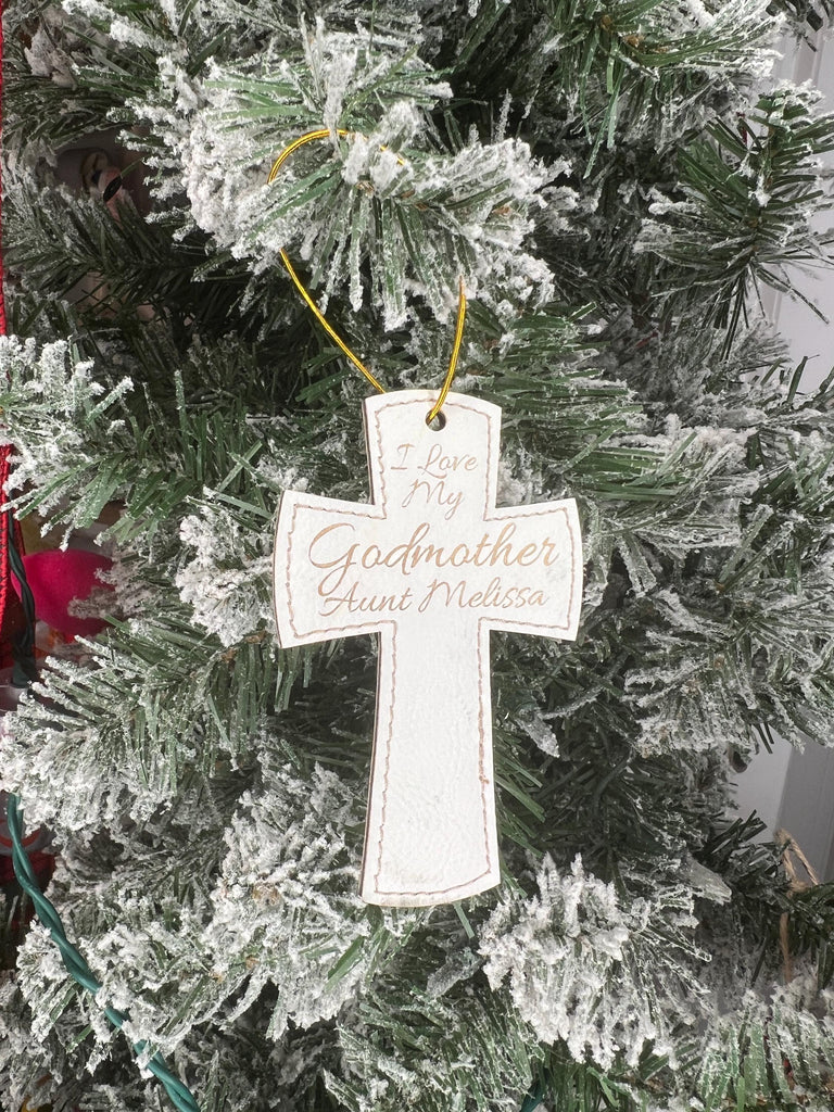 Godmother Godfather Christmas Ornament | Baptism Ornament | Engraved Leather Cross Ornament for Baby Godparents Religious Cross Christmas