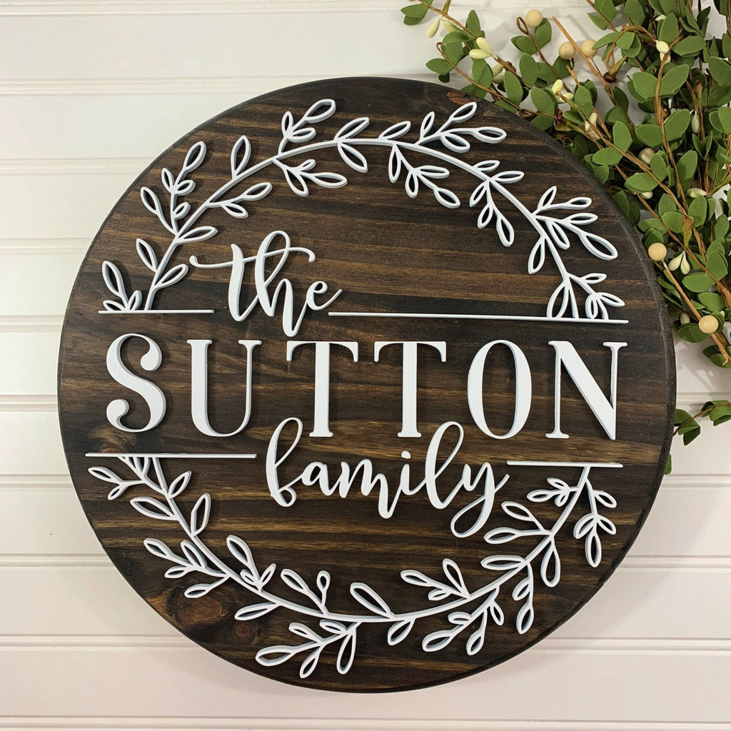 Round Family Name Sign | Wreath Design | Handpainted with Dimensional Layers