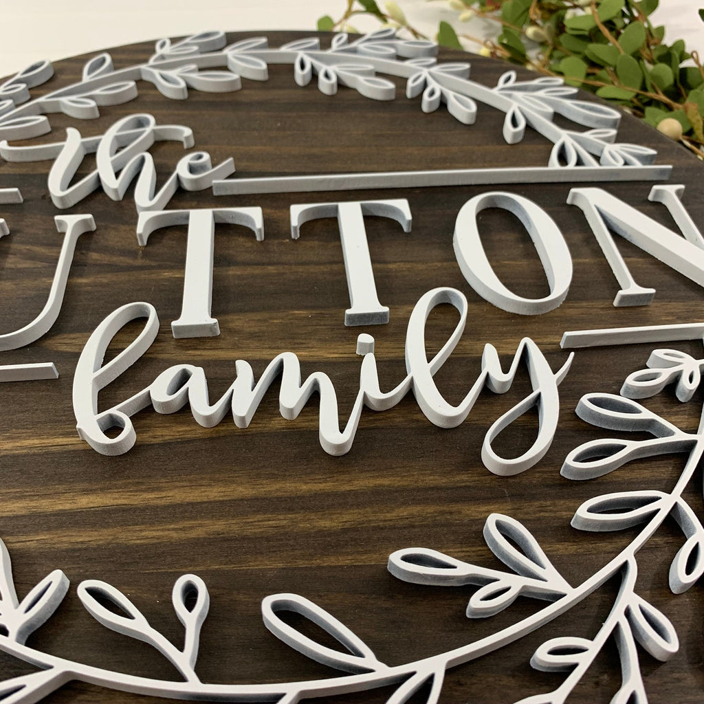 Round Family Name Sign | Wreath Design | Handpainted with Dimensional Layers