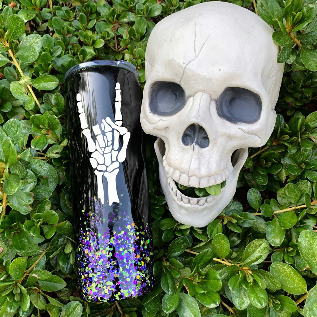 Skull Hand Glitter Tumbler | Purple and Black Glitter | Skeleton Rocker | Rocking Skeleton 20oz Skinny Tumbler Cup | Skull Mama