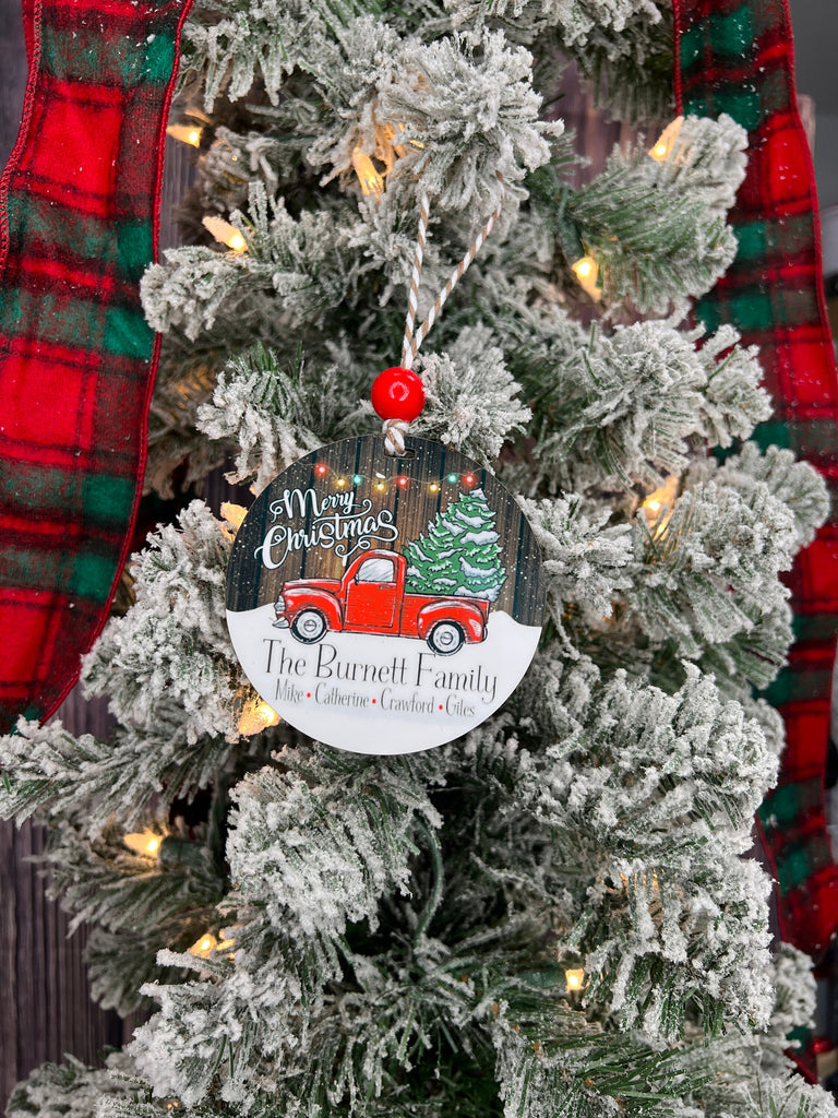 Custom Christmas Ornament | Personalized Christmas Ornament | Family Christmas Ornament | Red Pickup Truck Christmas Tree Ornament