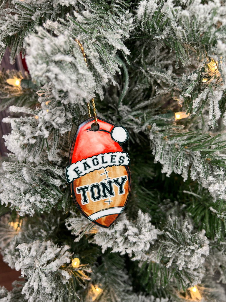 Football Ornament Personalized with Your Coach or Athlete's Name | Football with Santa Hat Ornament Custom Football Player Gift | Coach Gift