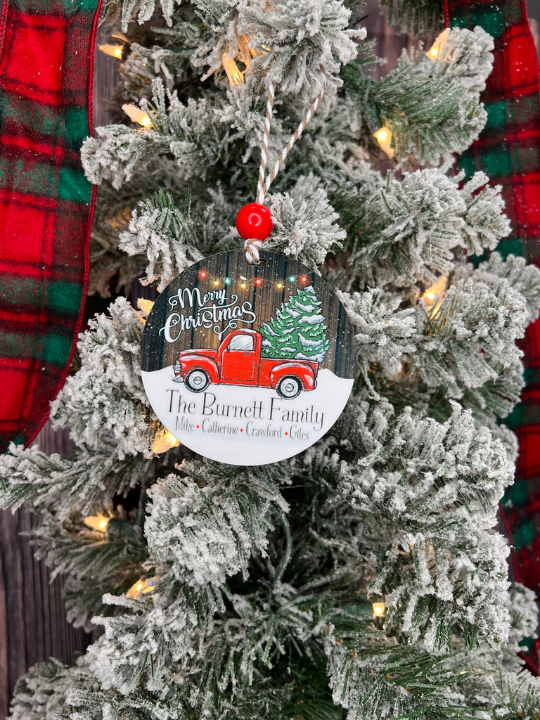 Custom Christmas Ornament | Personalized Christmas Ornament | Family Christmas Ornament | Red Pickup Truck Christmas Tree Ornament